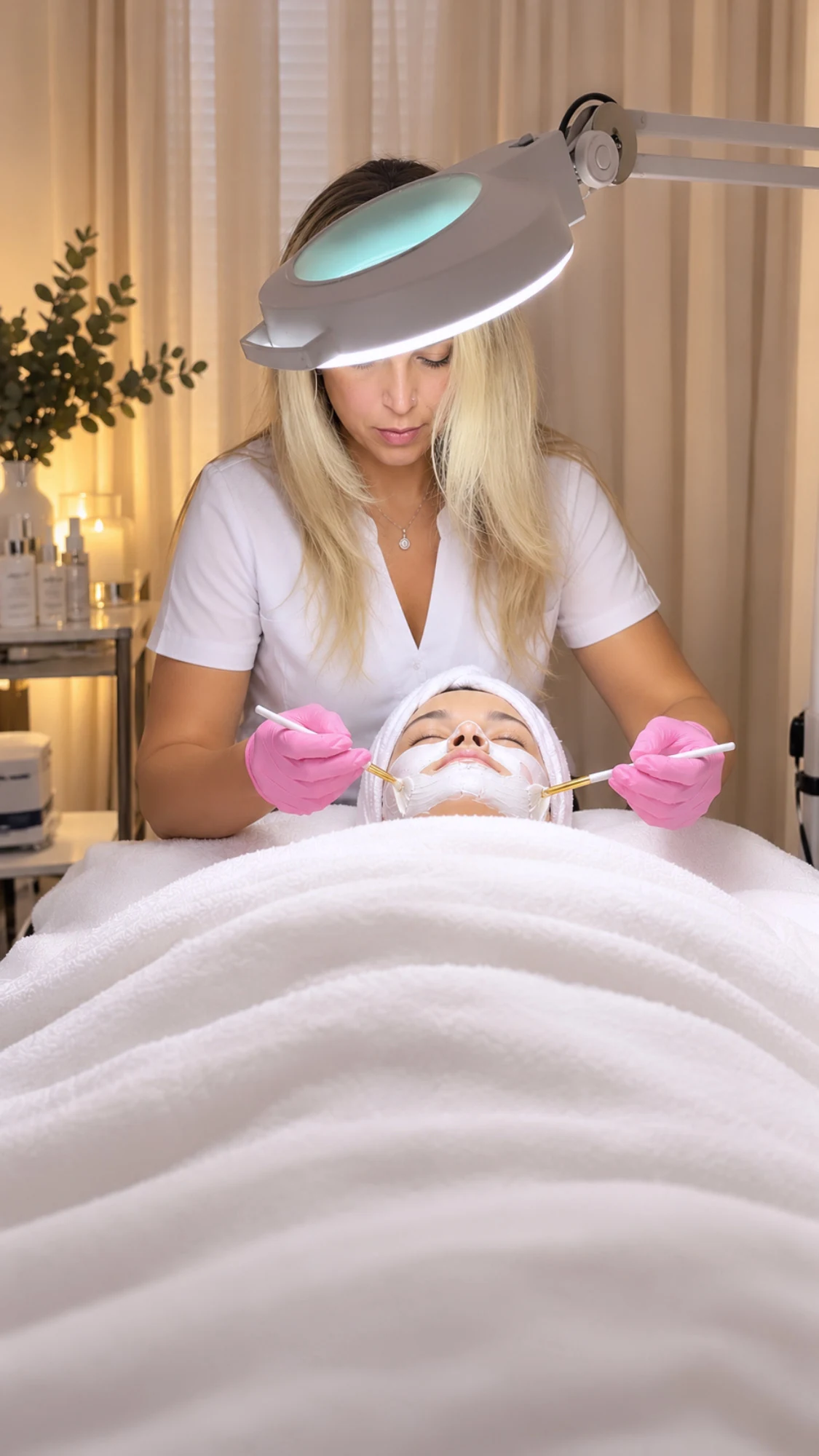 Esthetician applying a treatment mask under the half-moon lamp at Blended Skin
